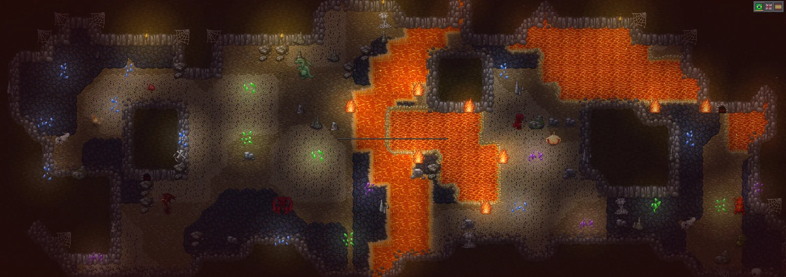 Caverna do jogo com rios de lava, cristais e monstros