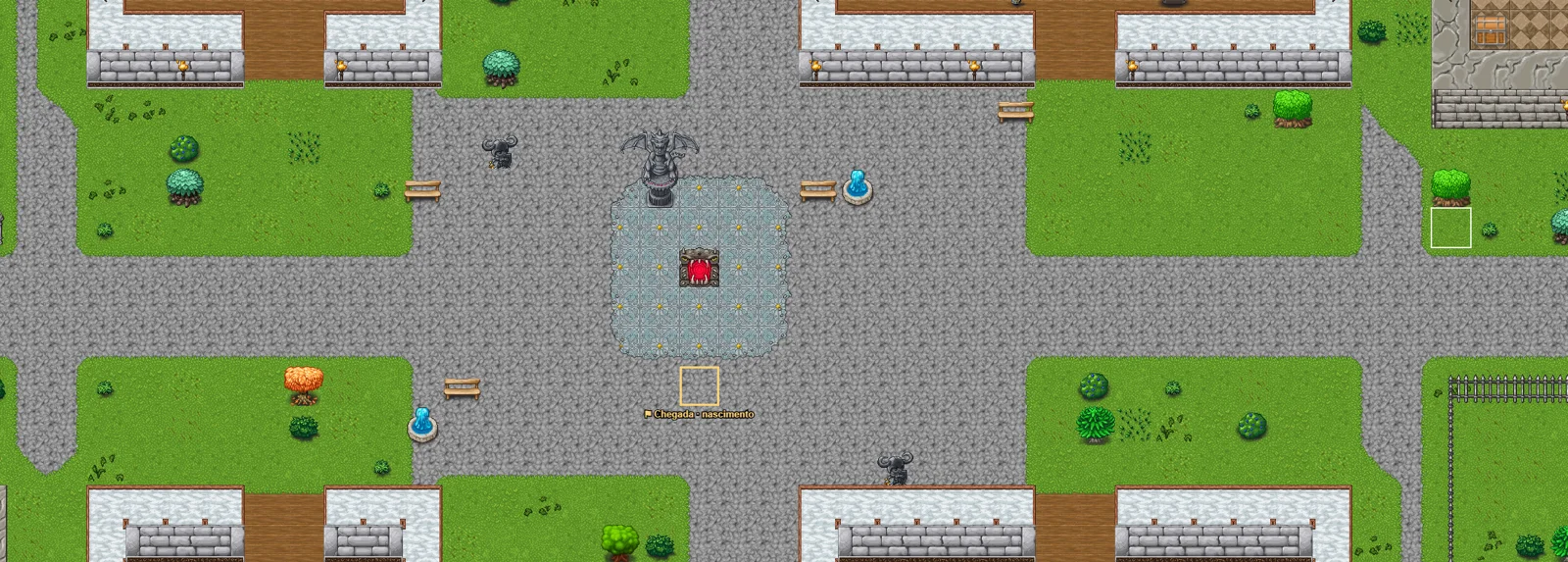 Praça da cidade com caminhos de pedra, jardins e portal