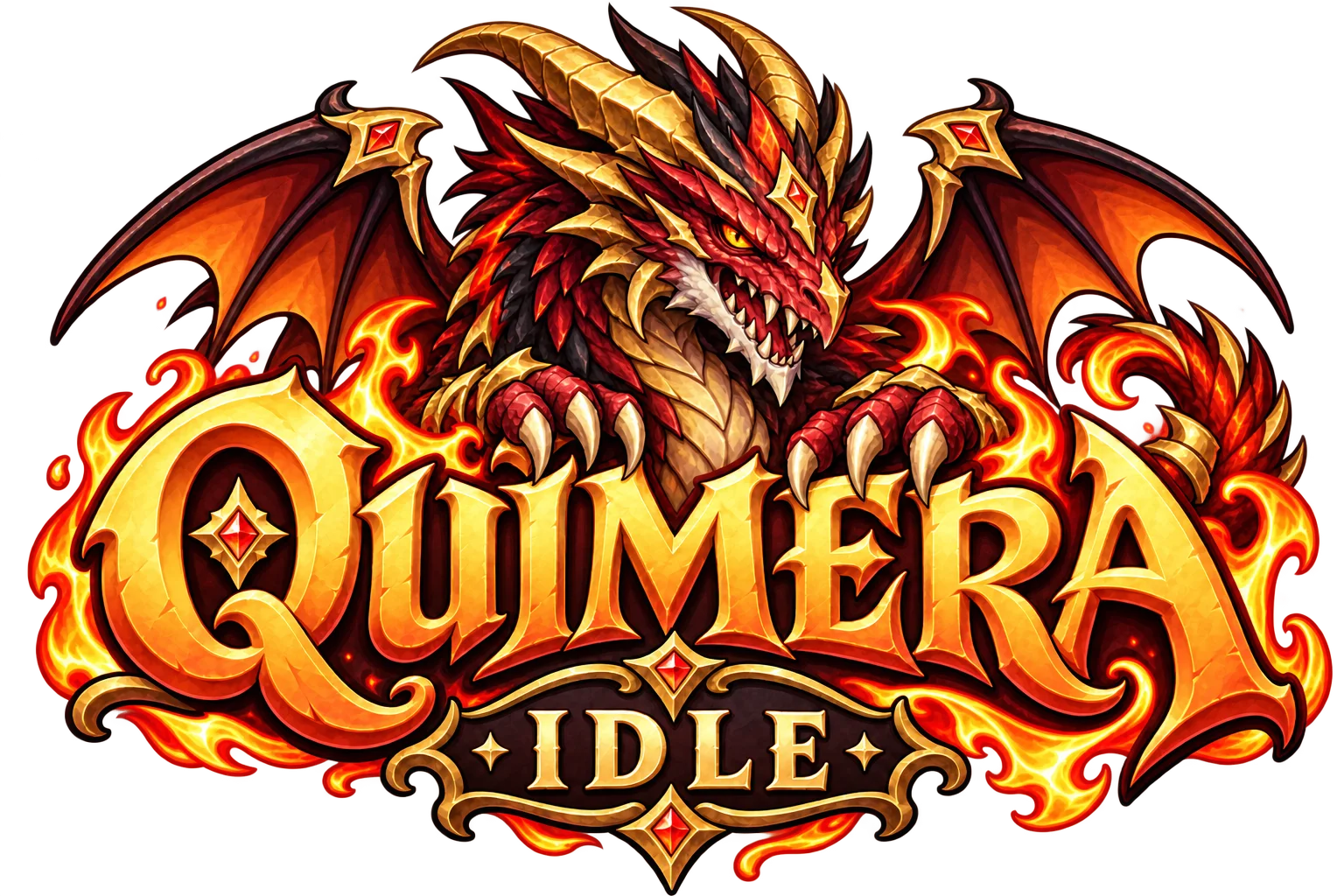 Quimera Idle: dragão vermelho, chifres dourados e chamas